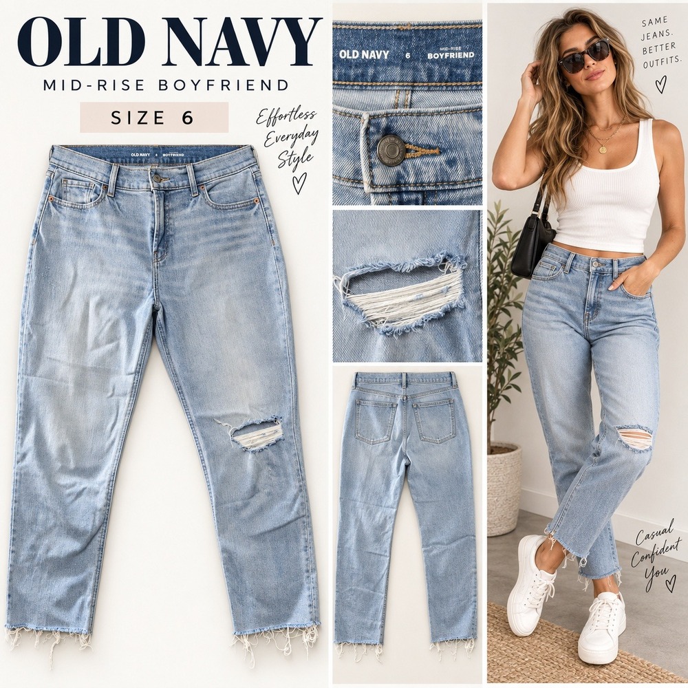 Old Navy Mid-Rise Boyfriend Jeans Light Wash Distressed Raw Hem Size 6